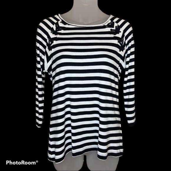 Sharagano Black & White Striped Lace Up Top Size Small - Picture 1 of 5